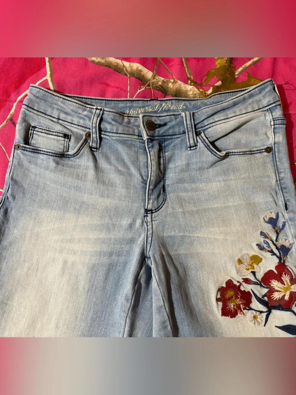 Universal Thread Light Wash Women's Jeans with Red Floral Embroidery